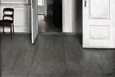 Dipinto di interno grigio con porta aperta e figura femminile di Hammershøi